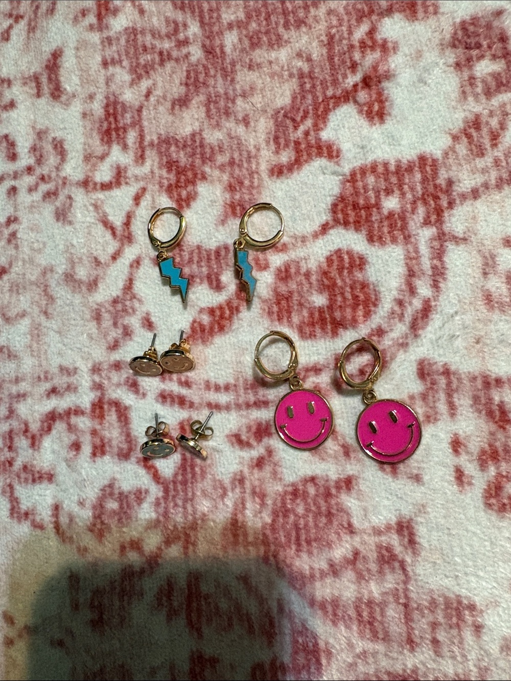 Kids Gold Hoop Earrings with Pink Smiley & Blue Lightning Charms Costume Jewelry